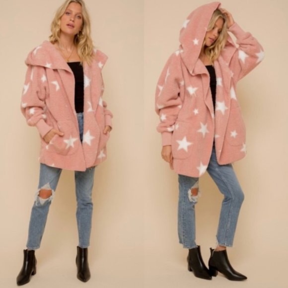 Cozy Star Print Vegan Fur Open Front Shacket Jacket - Picture 7 of 10